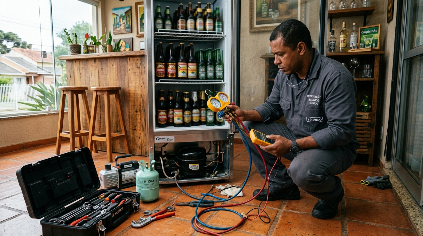 Técnico realizando manutenção de motor de cervejeira em Maceió‑AL