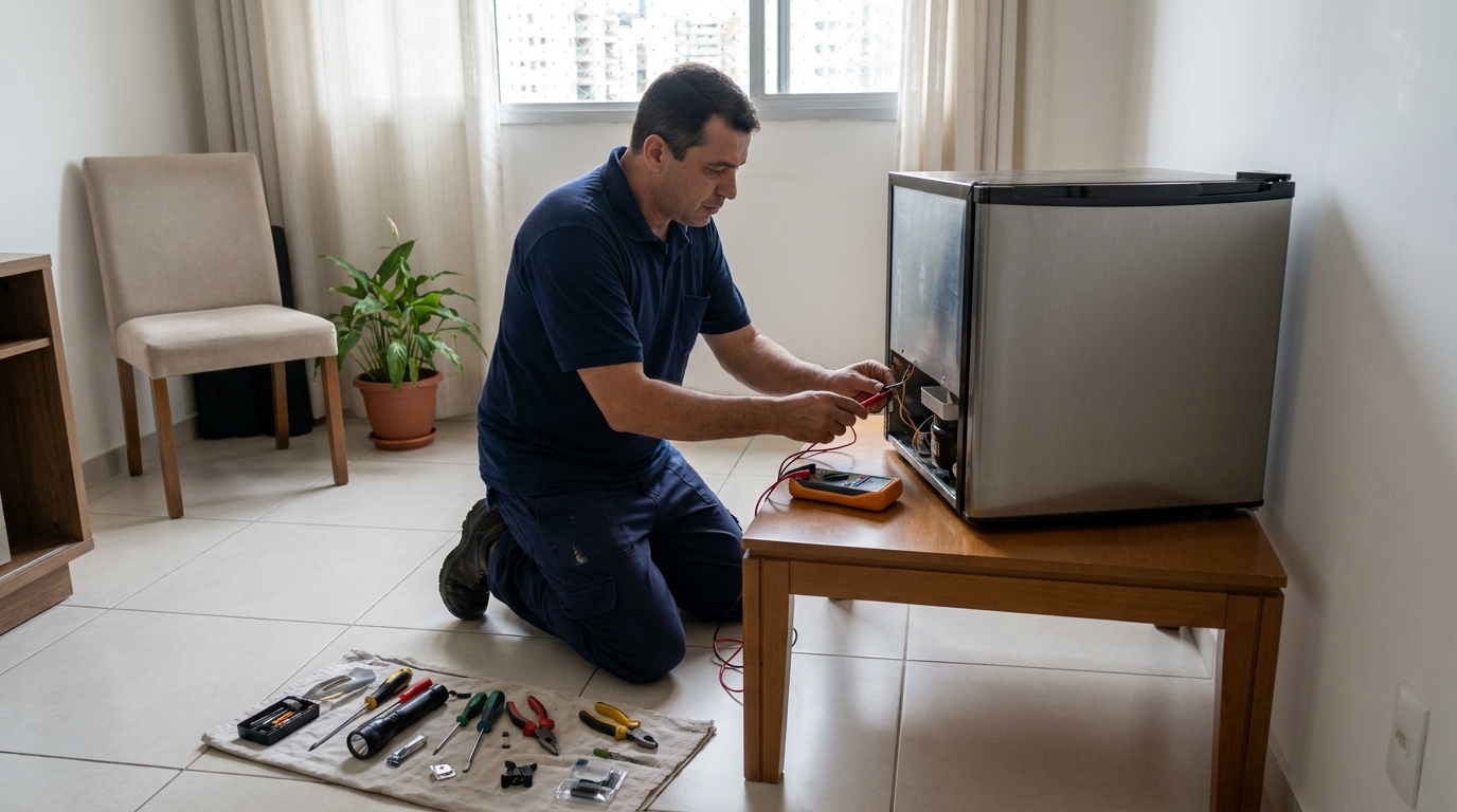 Técnico realizando manutenção de motor de frigobar em Maceió‑AL